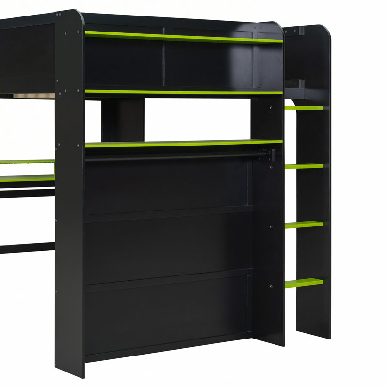 Lit double en bois avec bureau à hauteur réglable, garde-robe, grand espace de rangement et lumière RVB, Vert