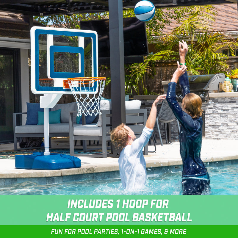 Blue and White Adjustable Metal Pool Basketball and Volleyball Set
