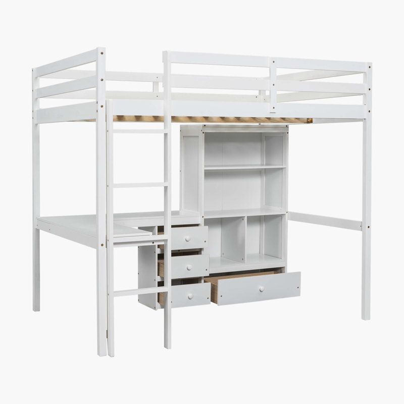 White Solid Wood Waterloo Loft Bed Equipped With Desk, Storage Shelves, Drawers, Built-In Ladder, And Safety Guardrails