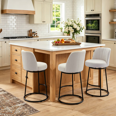 Tabouret de bar pivotant moderne à capitonnage en lin mélangé, piètement noir mat, ensemble de 3