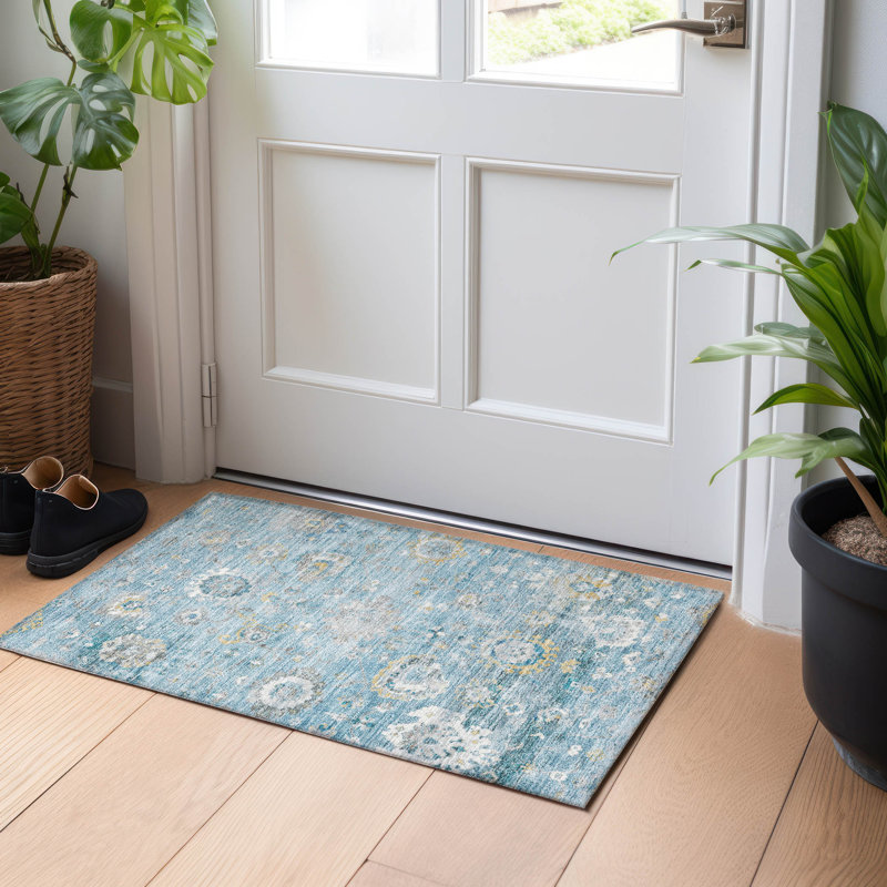 Teal Flat Woven Synthetic Indoor/Outdoor Washable Rug