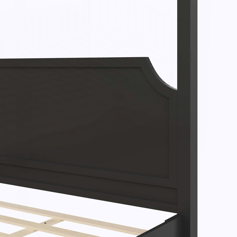 Grand lit plateforme à baldaquin en bois avec tête de lit et pieds de support, Noir