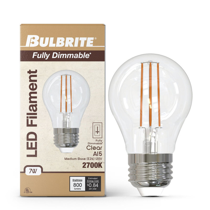 Ampoule A15 à intensité variable 7 watts avec finition en verre transparent et base moyenne (E26), 2700