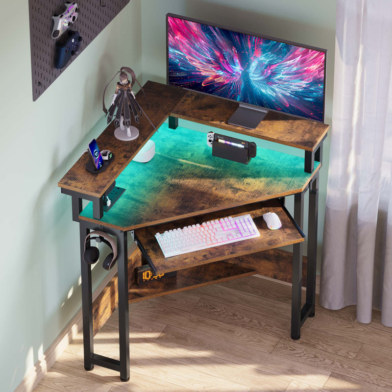Loferski Corner Desk with Power Outlets & LED Lights, Triangle Corner Desk with Monitor Stand & Keyboard Tray for Small Space