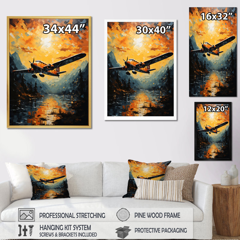 «In Flight Plane Horizons» sur impression sur toile, H 40 po x l 30 po x P 1,5 po, Encadrement doré