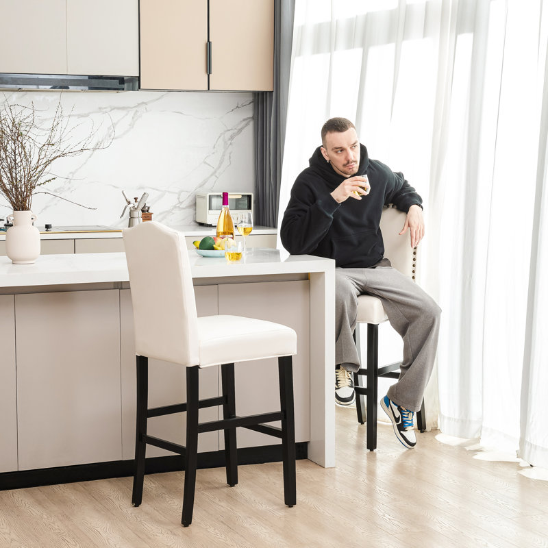 Tabouret de bar en cuir reconstitué avec dossier haut, Blanc