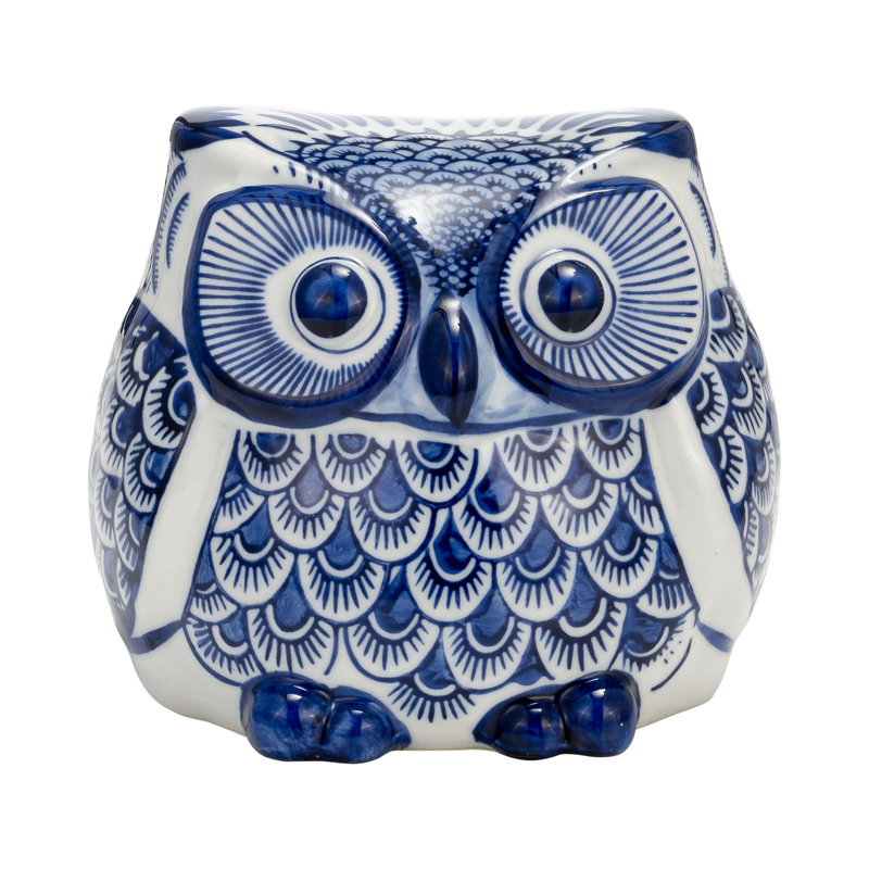 Caleta Stoneware Ceramic Owl Figurine with Intricate Hand-Painted Detailing, 5" H x 6" W x 6" D