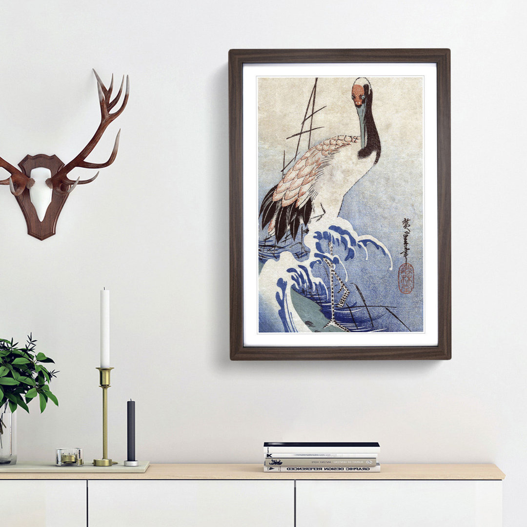 Crane in the Waves by Utagawa Hiroshige - Framed Print