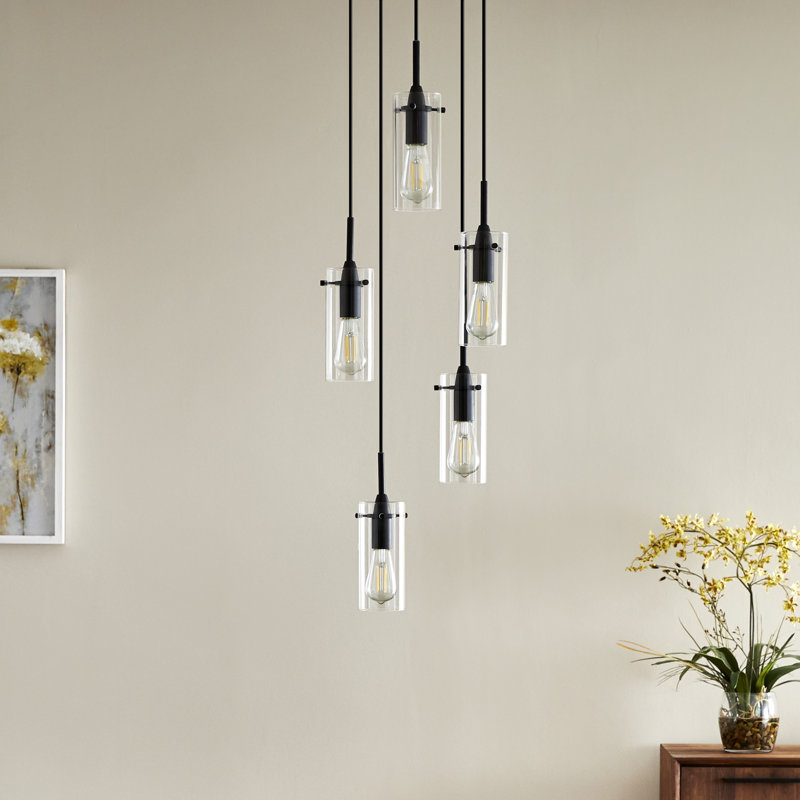 Luminaire suspendu cylindrique à 5 lumières Angelina, Noir, Transparent