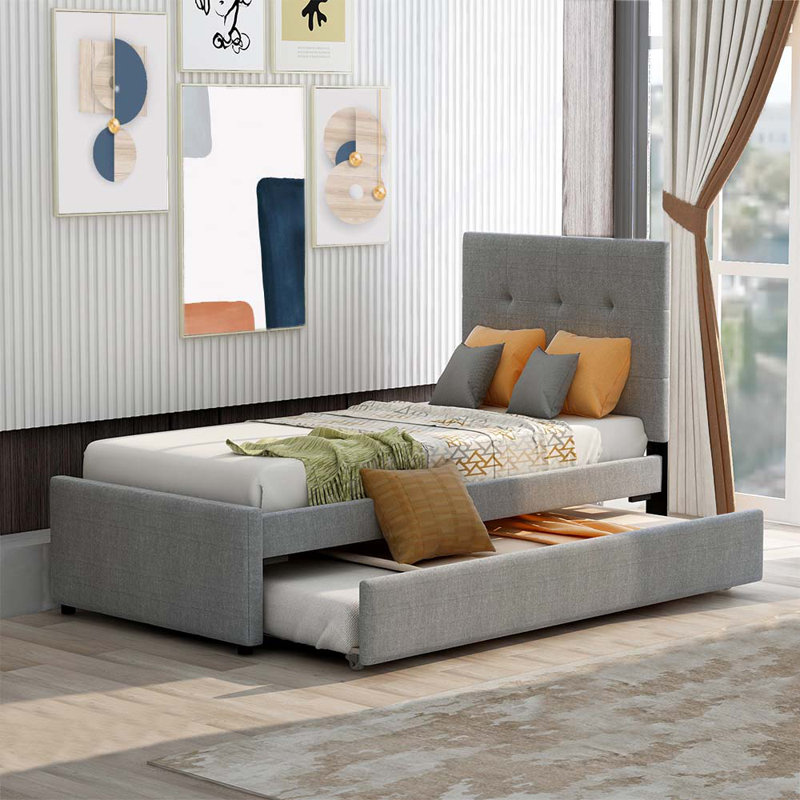 Full Size Upholstery Bed, with Trundle And Rails, Twin