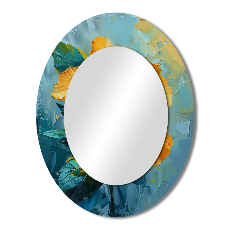 Décoration vibrante miroir hibiscus bleu et jaune - ovale jaune, 43 po x 33 po