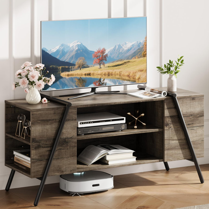 47" Industrial TV Stand for 50–55" TVs, Media Console with Slanted Metal Legs & Adjustable Open Shelves, Gray