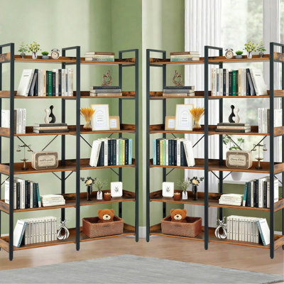 Bibliothèque autoportante 67 po 67 po avec tablettes ouvertes, pour chambre à coucher, salon, bureau - brun et noir, gardes de bord, structure de bibliothèque à structure stable, rangement noir, revêtement rouille