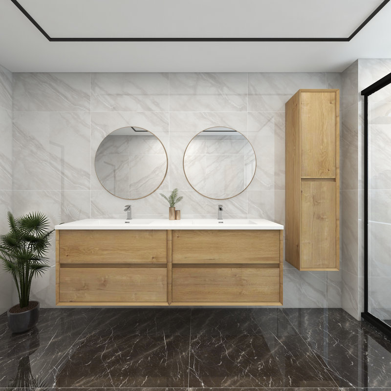 71.5'' Double Bathroom Vanity with Acrylic Top, Teak Oak