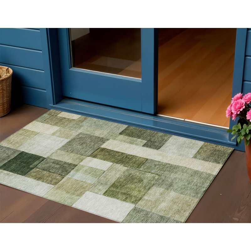 3' X 5' Sage And Fern Green Geometric Washable Indoor Outdoor Area Rug