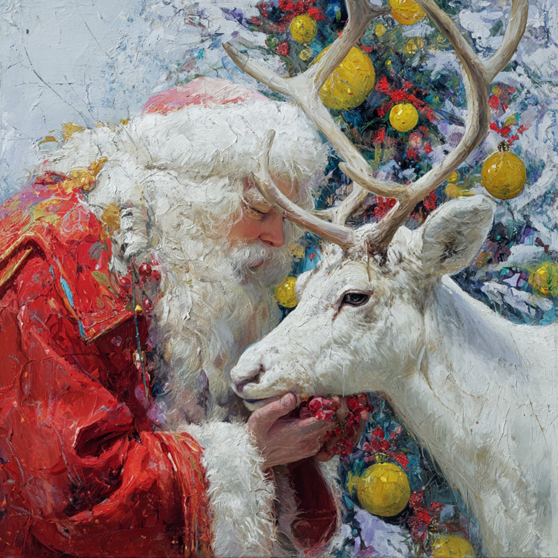 Père Noël et le renne blanc sur toile tendue, H 40 po x l 40 po