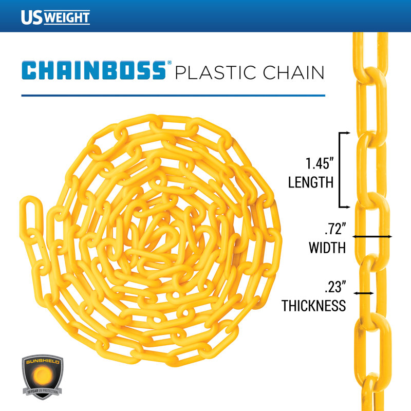 Poids des États-Unis (fabriqué aux États-Unis) Chaîne de sécurité en plastique jaune de 1,5 po x 10 pi avec technologie de protection contre les rayons UV
