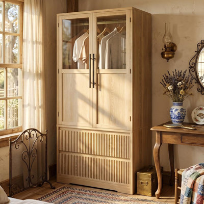 Armoire de style champêtre de 80 cm (31,5 po), grand placard de chambre autoportant, porte en bois et tiroirs cannelés, chêne avec porte vitrée