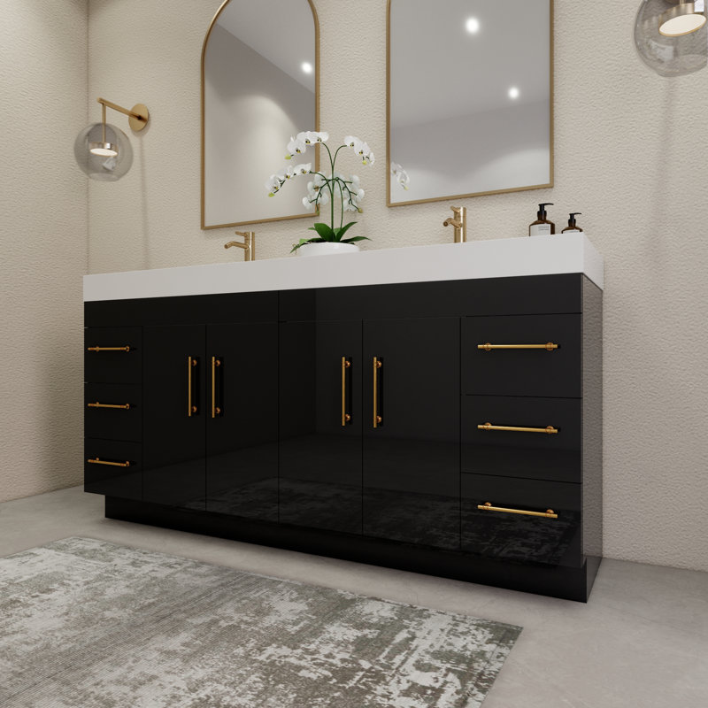 Ensemble de meuble-lavabo double 72 po avec tiroirs et portes, Noir lustré