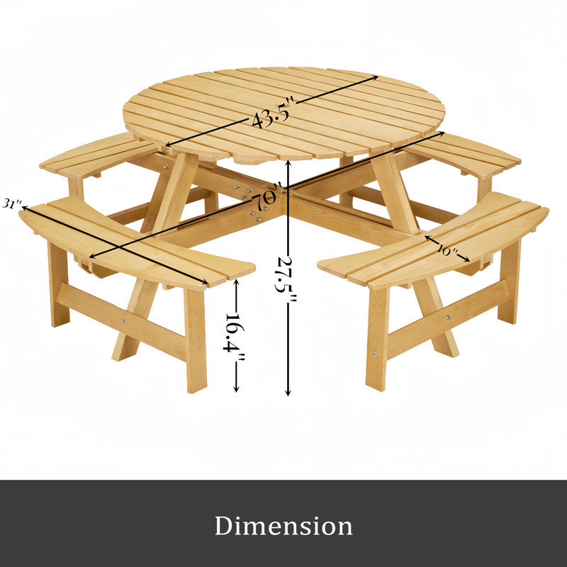 8-Person Outdoor Round Picnic Table Set With 4 Built-In Benches & Umbrella Hole - Perfect For Garden, Backyard, Porch & Patio - Natural Wood