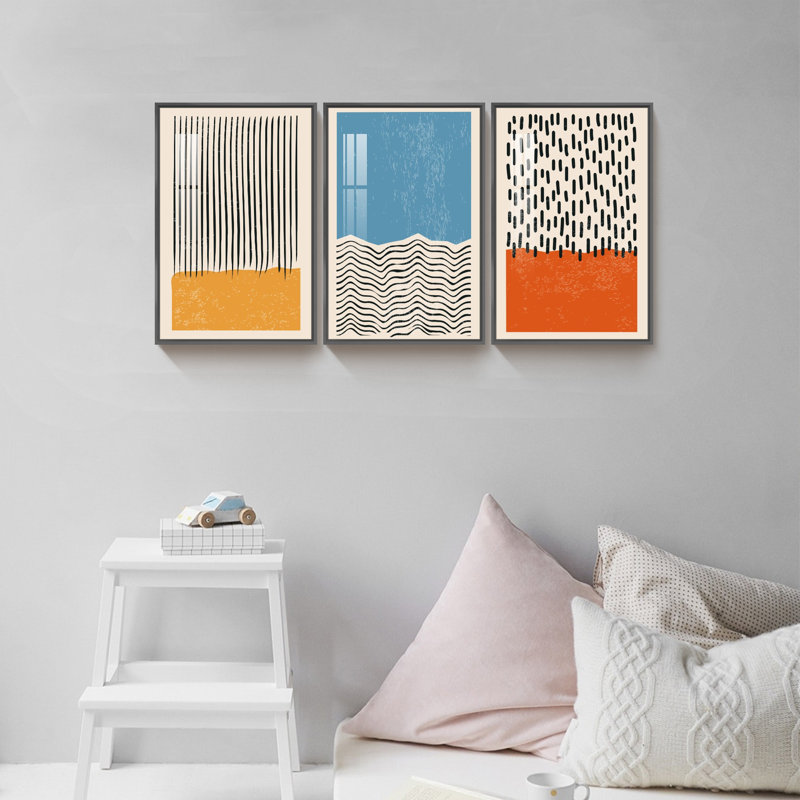 «Geometric Art», reproduction d'art encadrée sur toile 3 pièces, Noir, H 16 po x l 36 po x P 1 po