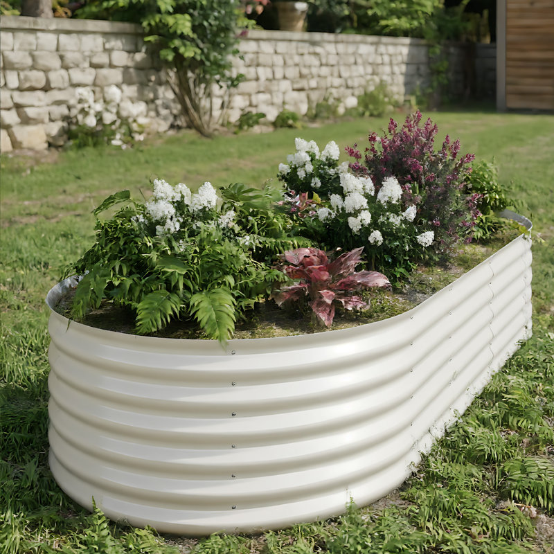 Galvanized Metal Oval Raised Garden Bed - Planter Box for Vegetables and Flowers, Beige, 5.52" H x 94.5" W x 29.14" D