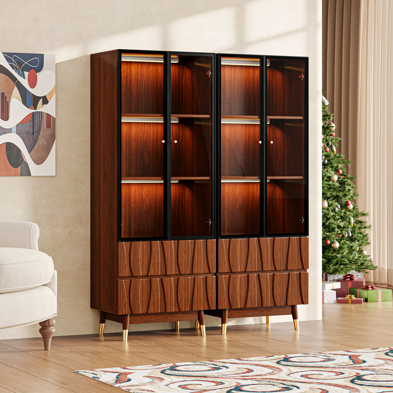 63''H 3-Tier Walnut Finish Glass Display Shelves With 2 Drawers For Collectibles, Mid Century Modern Wooden Curio Cabinet With Storage And Glass Doors, Brown Hutch Case With Light For Living Room And Kitchen, Pack Of 2