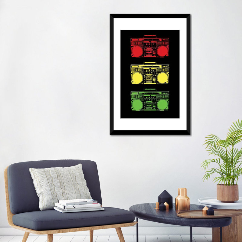 «Boom Box Cubed Rasta», impression sur toile, H 32 po x l 24 po x P 1 po, Papier d'art encadré noir, Blanc