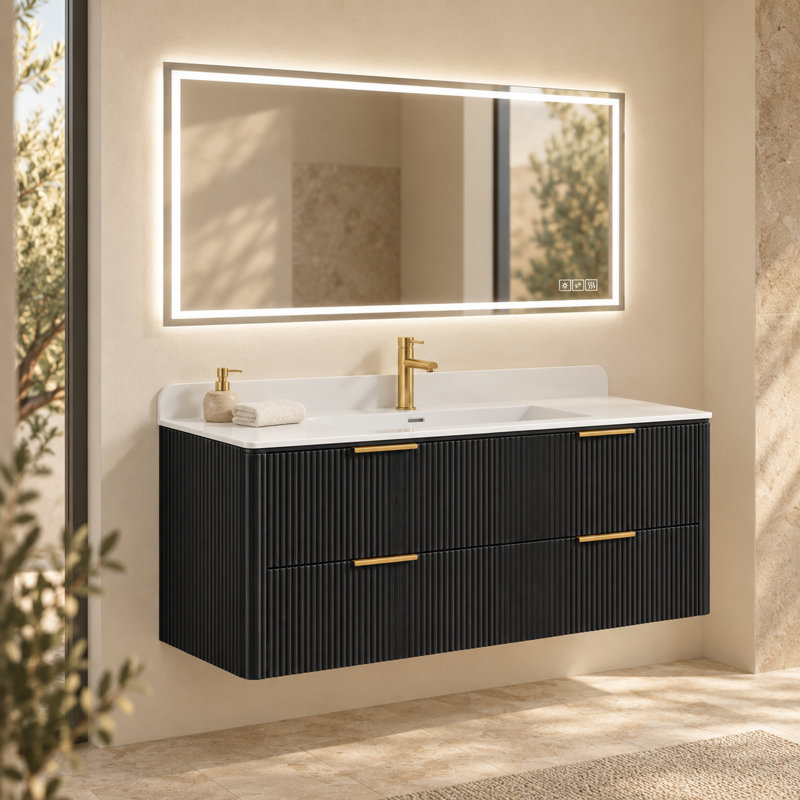 Ensemble meuble-lavabo suspendu noir de 122 cm avec lavabo intégré et miroir de courtoisie à DEL de 122 x 61 cm