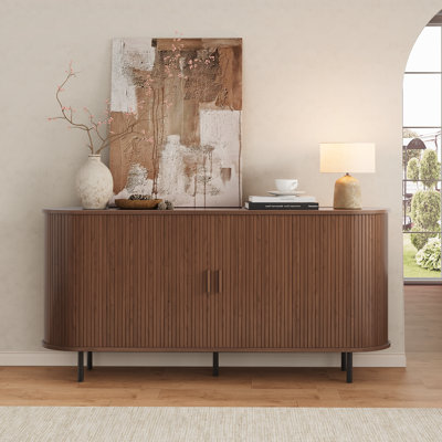 63" Sideboard Buffet Cabinet With Large Drawer, Storage Buffet With Tambour Sliding Door & Adjustable Shelf