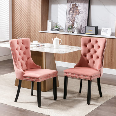 Ensemble de 2 chaises de salle à manger rembourrées en velours de haute qualité avec pieds en bois et garniture cloutée haut de gamme