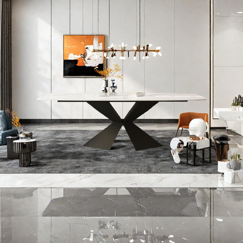 Table de salle à manger en pierre avec structure en acier au carbone, H 29,5 po x L 62,9 po x l 35,4 po