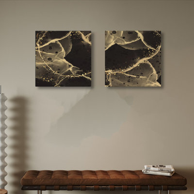 Superbe ensemble de 2 toiles décoratives, dorées et noires, 15,7 po x 15,7 po chacune | 100% toile avec cadre 100% bois | Parfait pour la décoration intérieure, l'esthétique d'art moderne, le design élégant et accrocheur