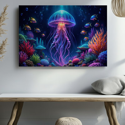 Colourful Jellyfish Vibrant Underwater Sea Life Decor Painting Canvas Wall Art Print For Living Room, Bedroom, Office, Hallway, Entryway, Gallery Wall And Modern Home Decor