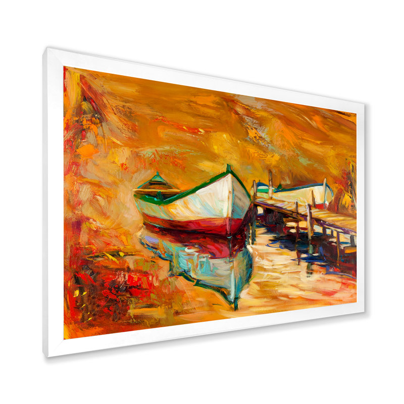 Bateaux blancs et rouges près de la jetée - Peinture sur toile, H 30 po x l 40 po x 1,5 po, Cadre photo blanc
