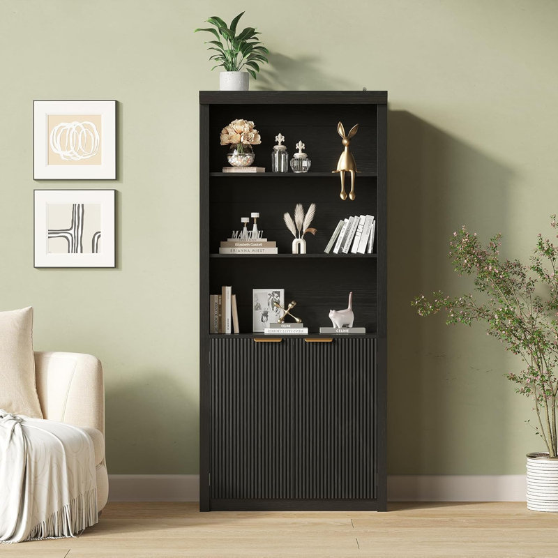 71" Tall Bookshelf with Fluted Doors, 5 Tier Bookcase Display Shelves with Storage Cabinet & Adjustable Shelf, Mid-Century Modern Bookshelves , Black