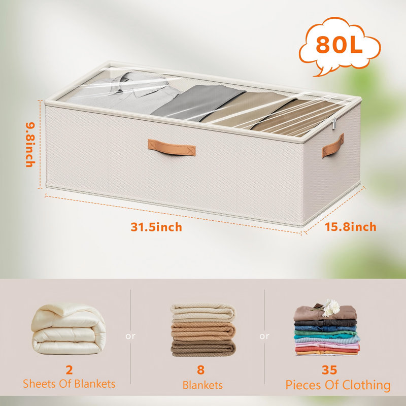 Under Bed Storage Containers,Tall Underbed Clothes Storage Organizer Bin With Clear Window，Foldable Box Basket For Clothes, Closet, Bed Sheets And Blankets(White)