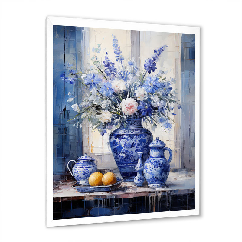 Boho bleu et blanc plante poterie IV - Boho, H 32 po x l 24 po x P 1 po, Cadre simple blanc