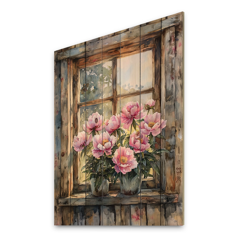 Peonies By The Farmhouse Window II - Peonies Wood Wall Decor - On Natural Pine Wood, 40" H x 30" W x 0.78" D