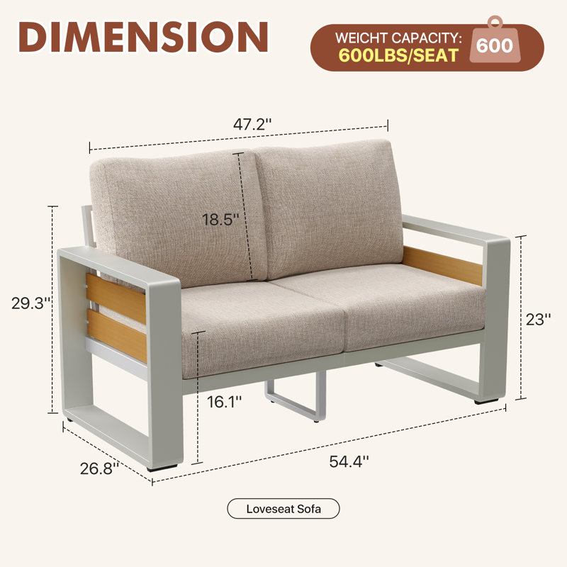 Causeuse d'extérieur en aluminium pour patio avec coussins épais, Beige