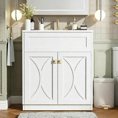 Meuble-lavabo 30 po avec lavabo en céramique, armoire de rangement autoportante moderne avec poignées dorées, portes à fermeture douce