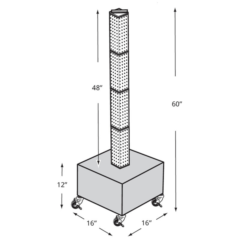 Four-Sided Pegboard Tower Floor Display on Revolving Wheeled Metal Base. Spinner Rack Tower. Panel Size: 4"W x 48"H