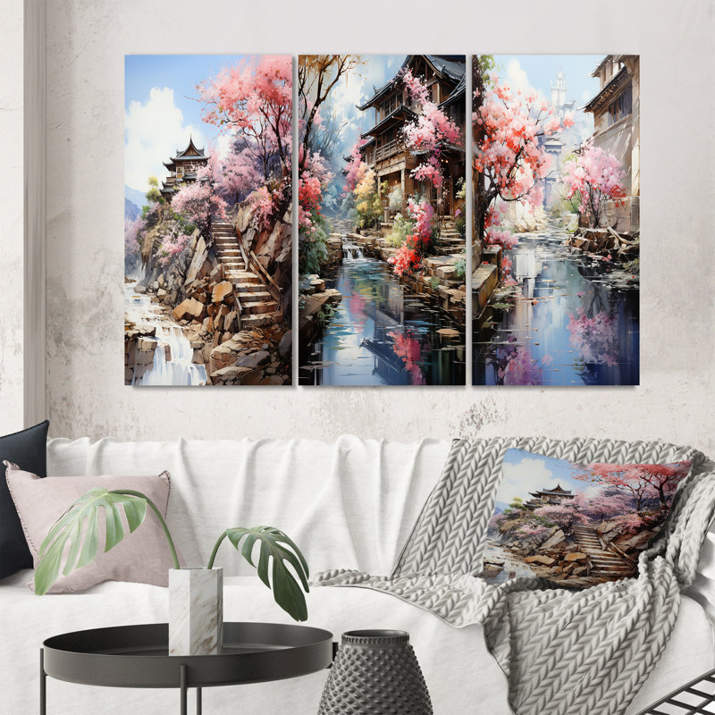 «China Art Spring Blossom», 3 pièces sur toile, H 28 po x l 36 po, Toile tendue