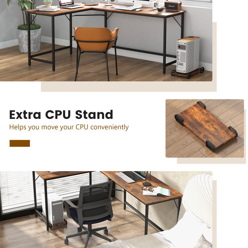 L-Shaped Metal Base Computer Desk, Rustic Brown