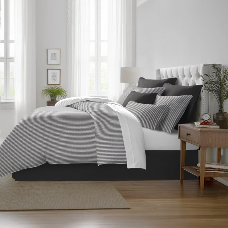 Walker Ticking Stripe Indigo/White Cotton Coverlet Set, Super Queen Coverlet / Bedspread + 2 Queen Shams, Iron/Ivory
