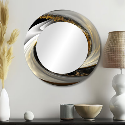 «Petrine Abstract Modern Swirl I», miroir décoratif à spirales abstraites, grand miroir mural rond noir, art imprimé en métal