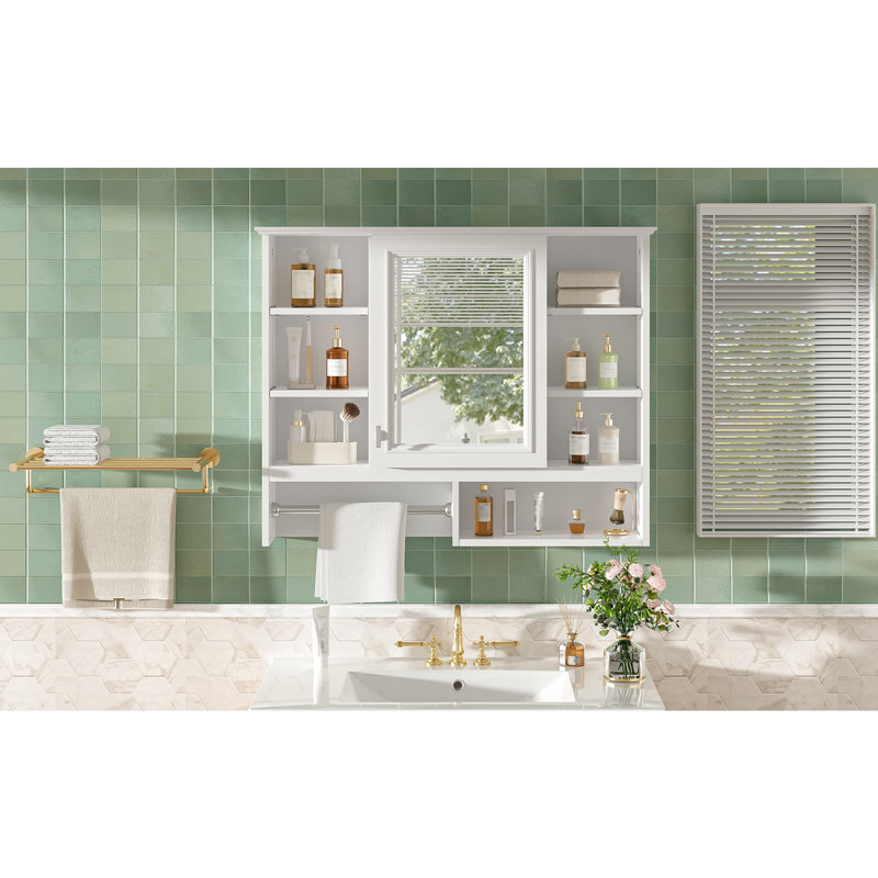 Armoire de rangement murale 35 pouces 2 en 1 avec tablettes réglables, charnières à fermeture douce, tablettes ouvertes