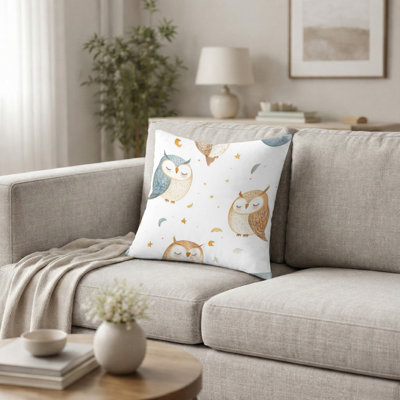 Animal Print Decorative Cushion - Country Farmhouse Sleepy Owls Printed Throw Pillow