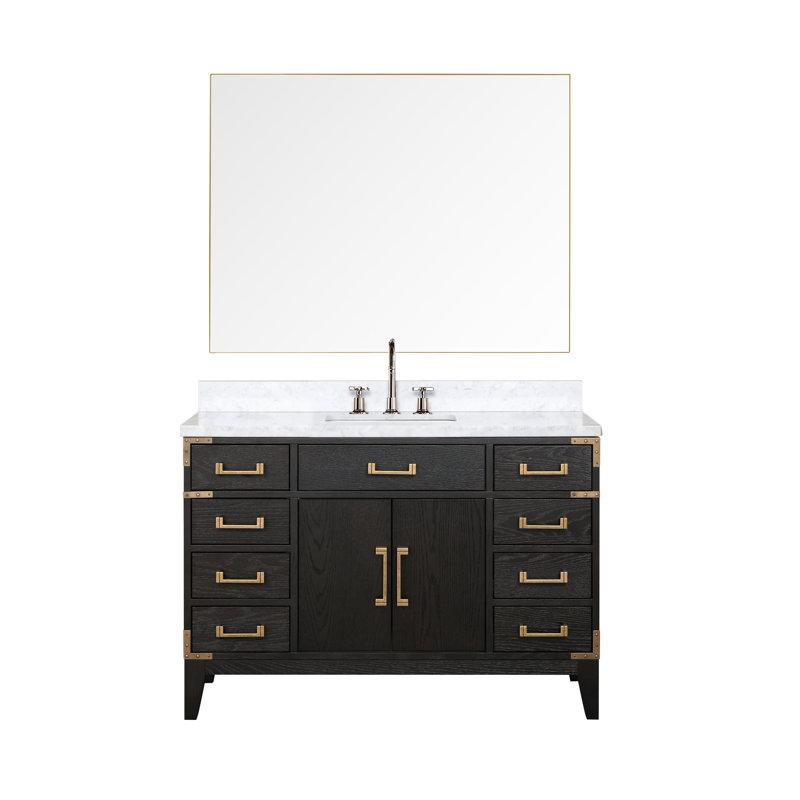 Laurel 48 in W x 22 in D Single Bath Vanity Mirror and Faucet Set, White Carrara Marble, Black Oak