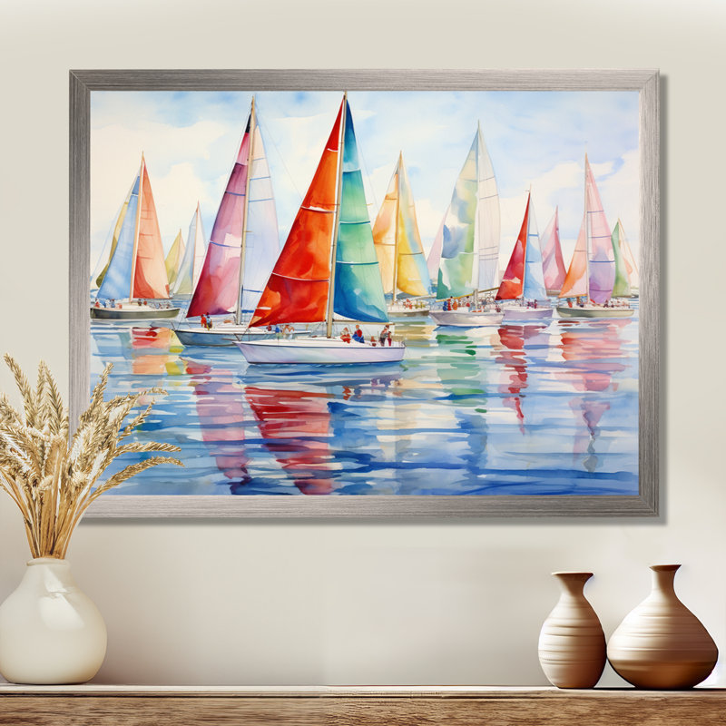 «Miminimlaism Watercolor Regatta III - Bateau à voile, art mural», H 30 po x l 40 po x P 1,5 po, Cadre simple argenté